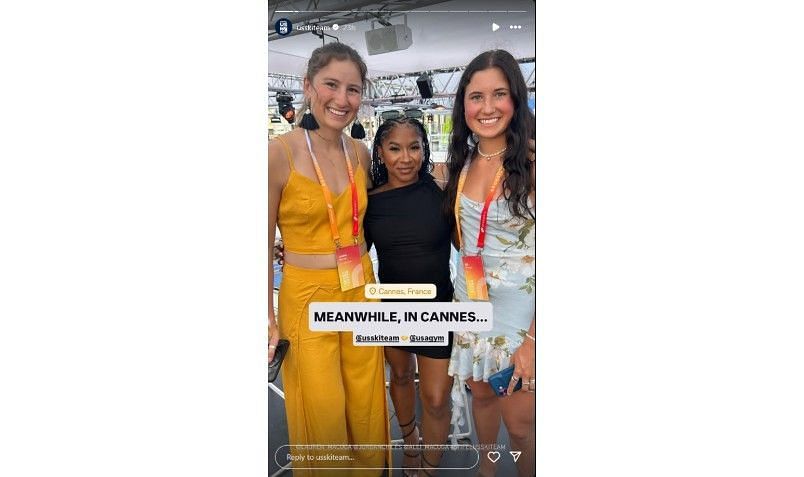 Screenshot of Stifel US Ski Team's story featuring Jordan Chiles, Lauren Macuga and Alli Macuga | Source: IG/usskiteam